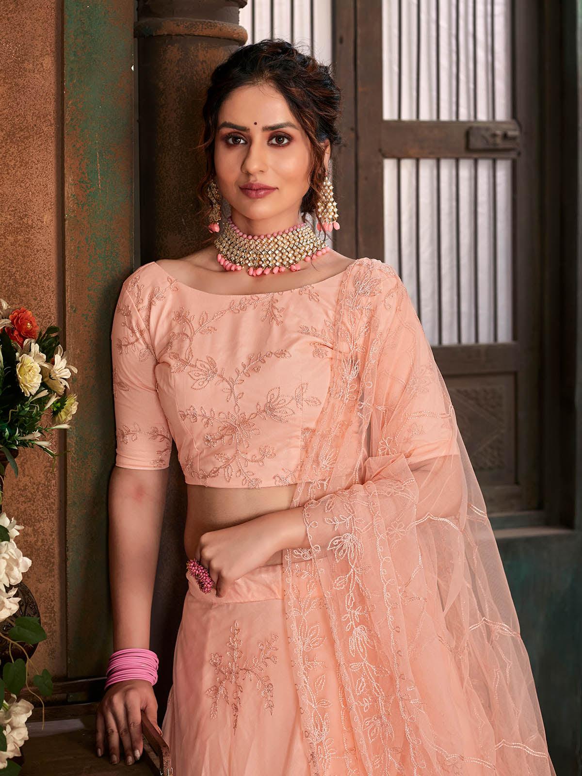 Striking Peach Net Lehenga Set - Rajwada