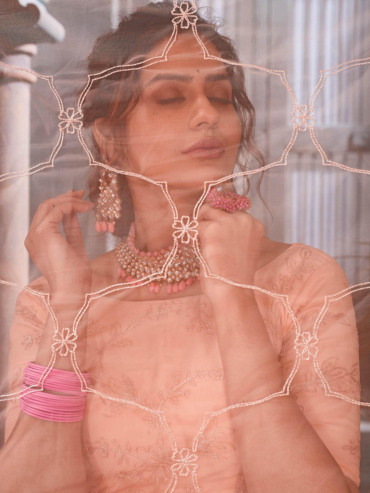 Striking Peach Net Lehenga Set - Rajwada