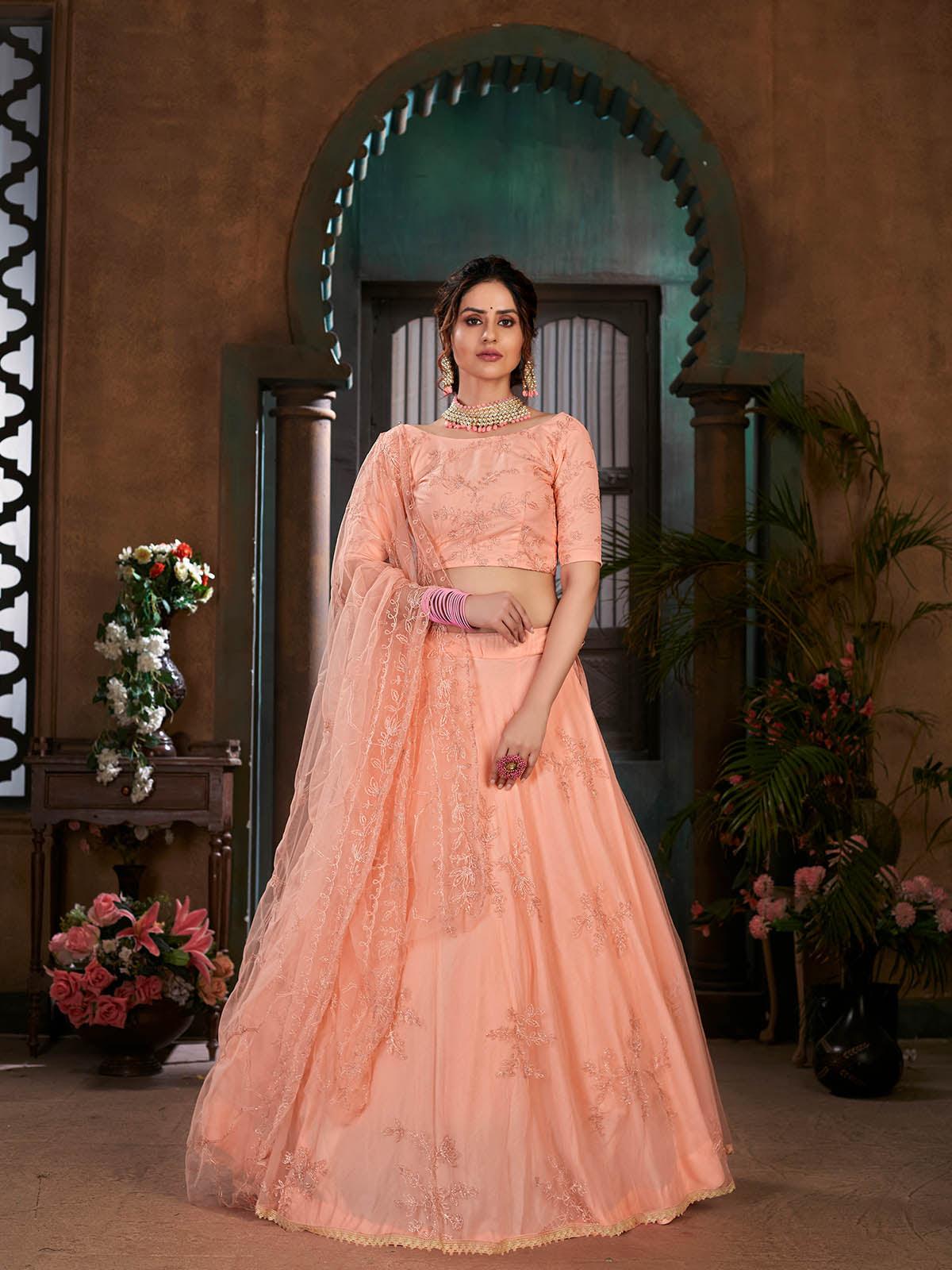Striking Peach Net Lehenga Set - Rajwada
