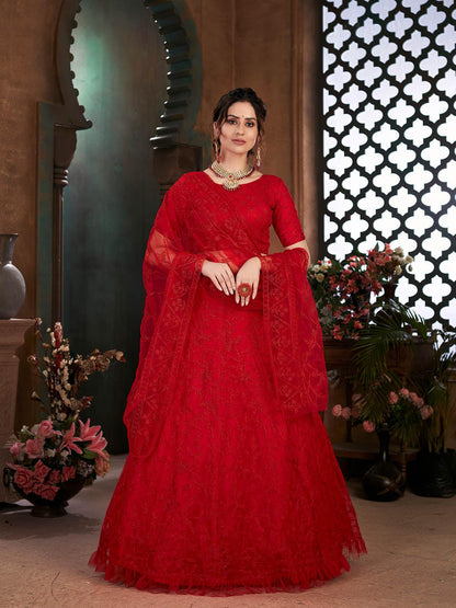 Striking Red Net Lehenga Set - Rajwada