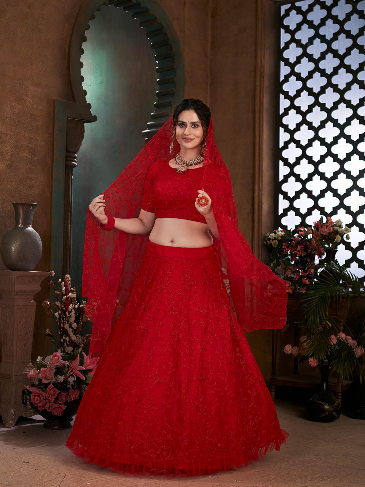 Striking Red Net Lehenga Set - Rajwada