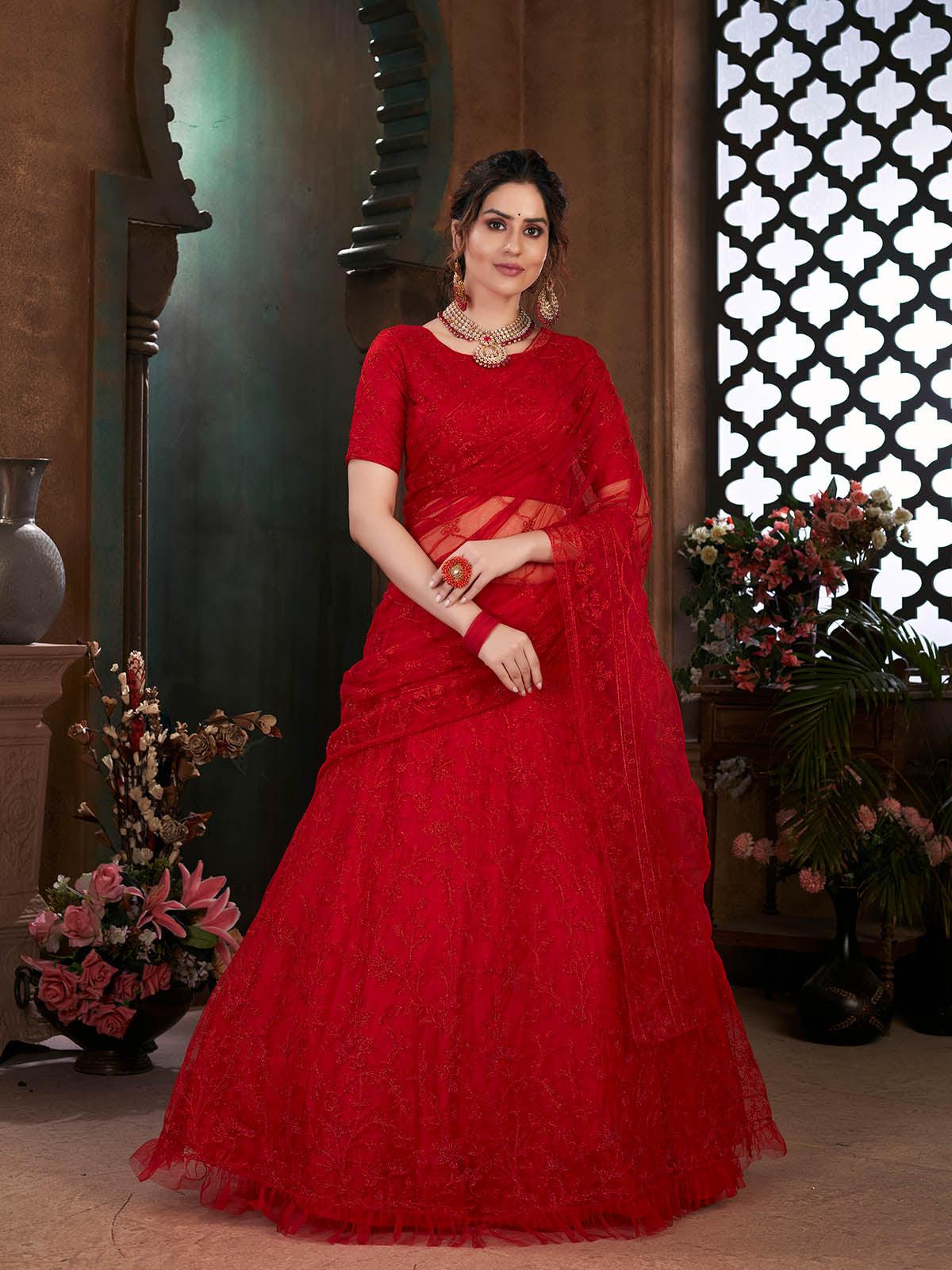 Striking Red Net Lehenga Set - Rajwada