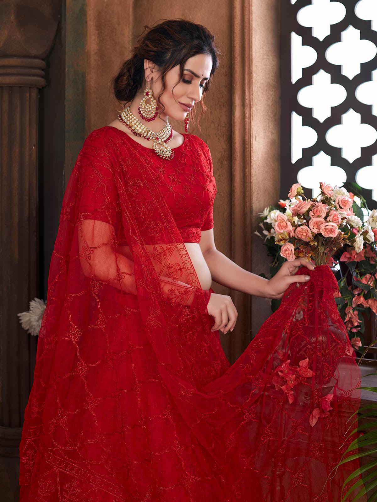Striking Red Net Lehenga Set - Rajwada