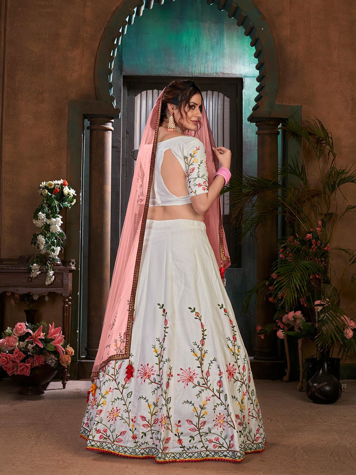 Striking White Cotton Lehenga Set - Rajwada