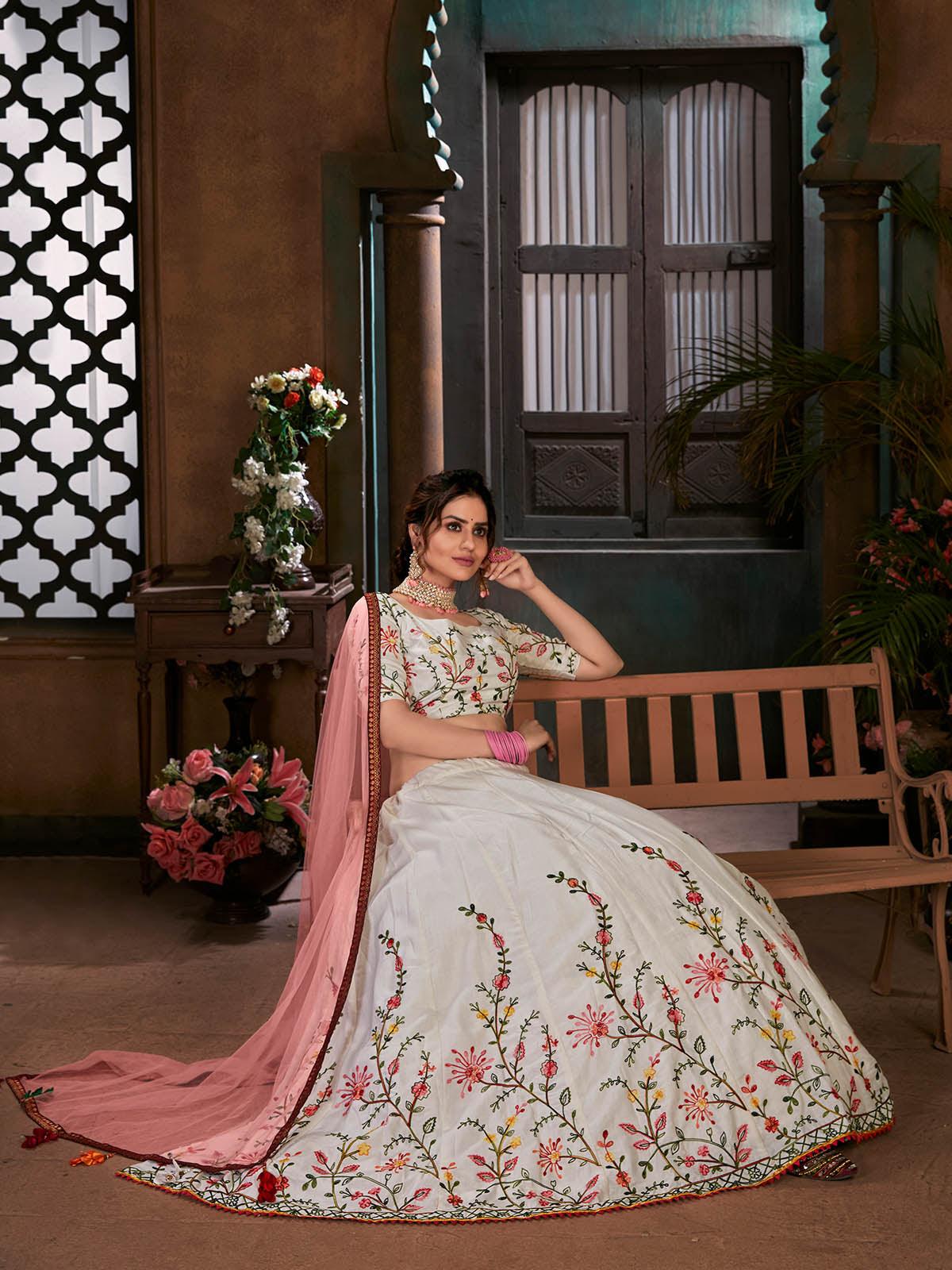 Striking White Cotton Lehenga Set - Rajwada