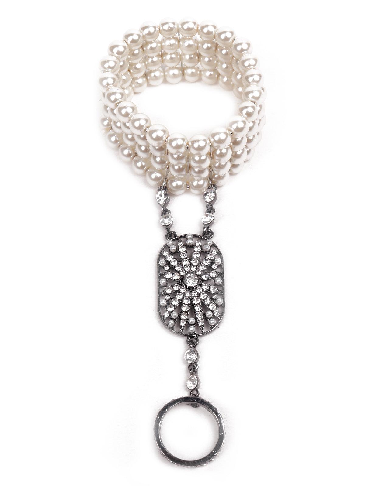 Stunning artificial pearl bracelet with a ring - Rajwada