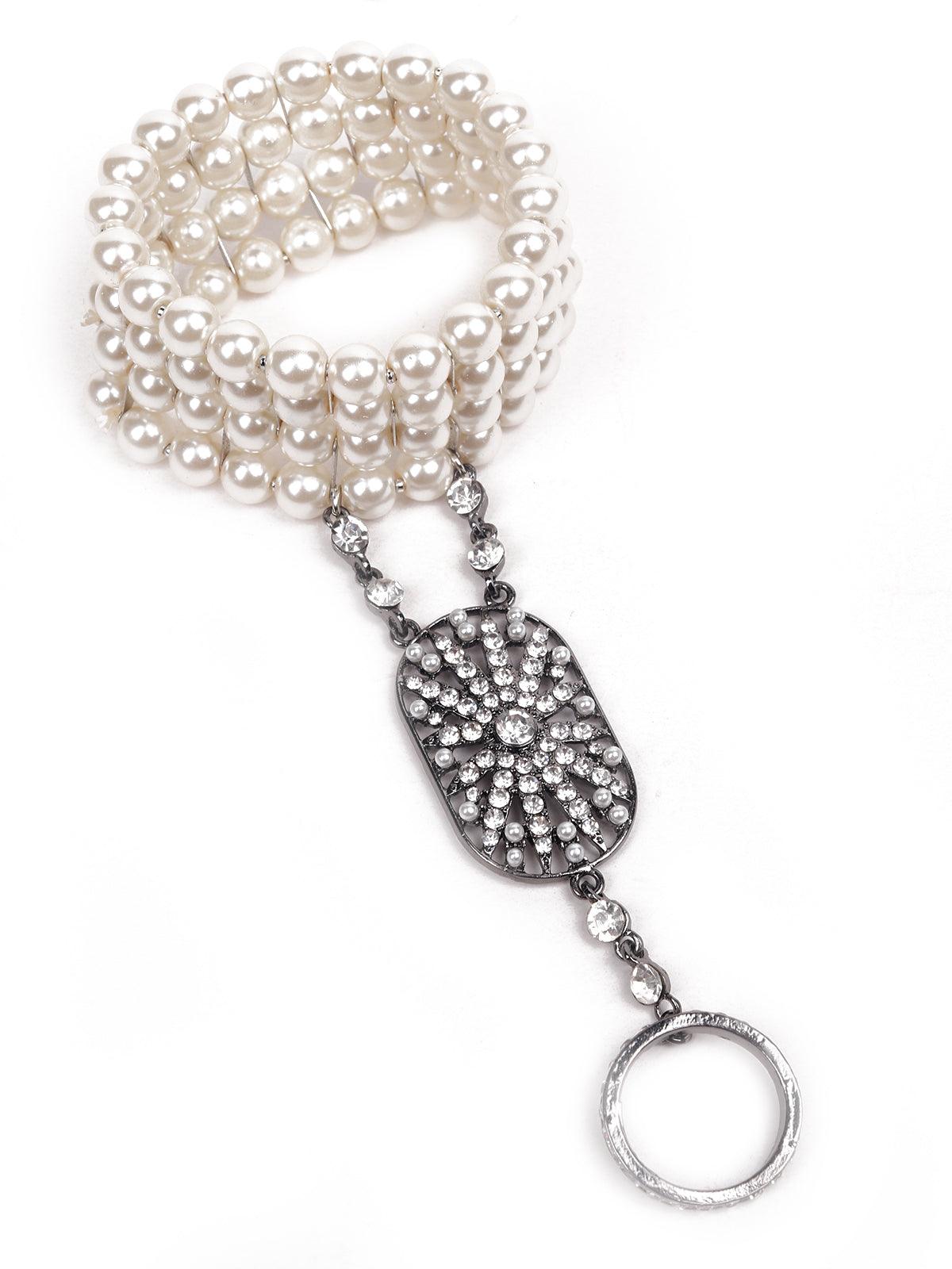 Stunning artificial pearl bracelet with a ring - Rajwada