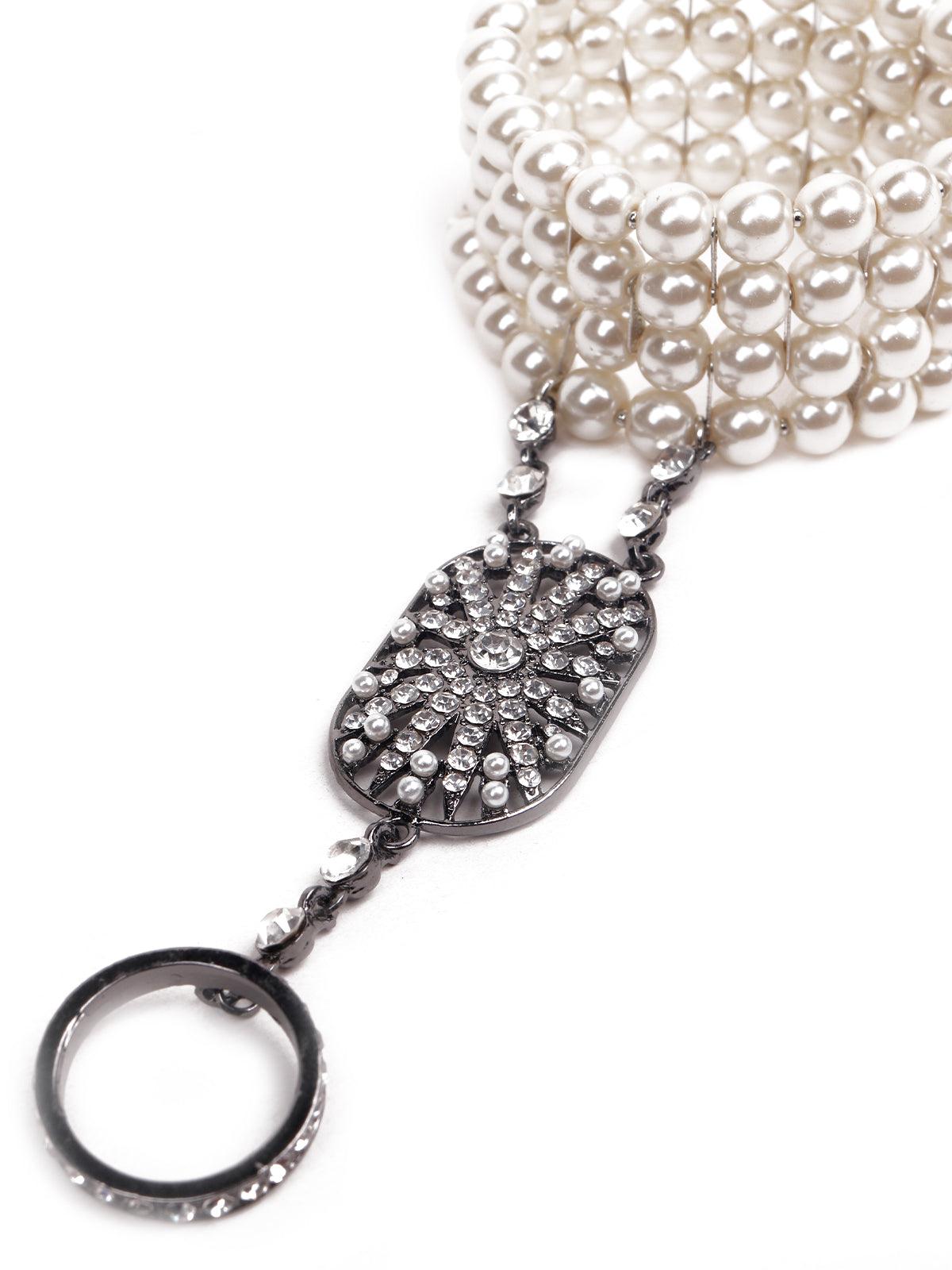 Stunning artificial pearl bracelet with a ring - Rajwada