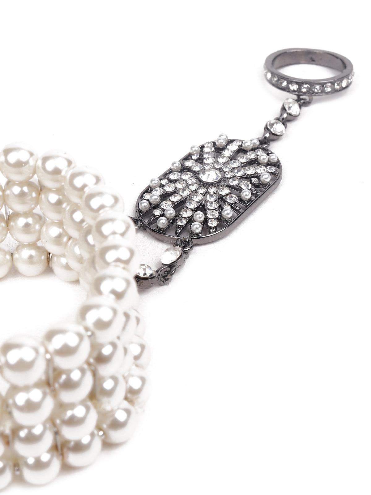 Stunning artificial pearl bracelet with a ring - Rajwada