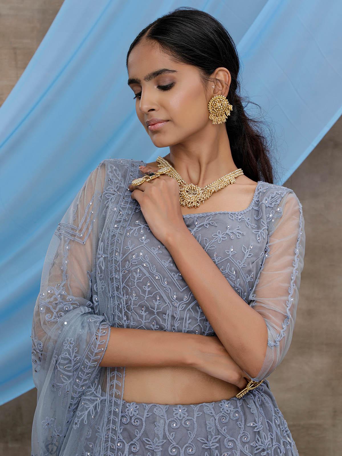Stunning Grey Net Lehenga Choli Set - Rajwada
