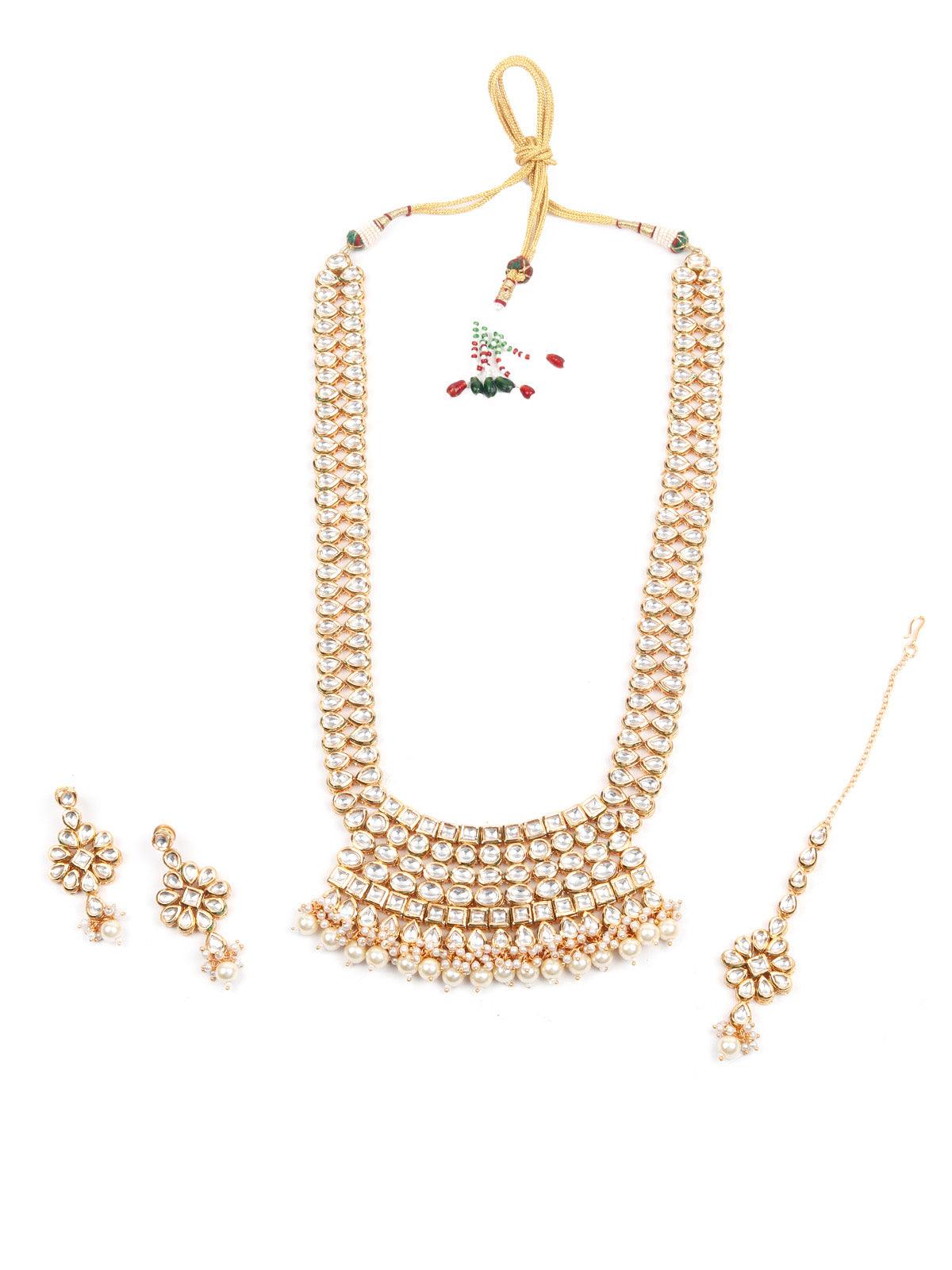 Stunning Long Gold Kundan Studded Necklace Set for Women - Rajwada
