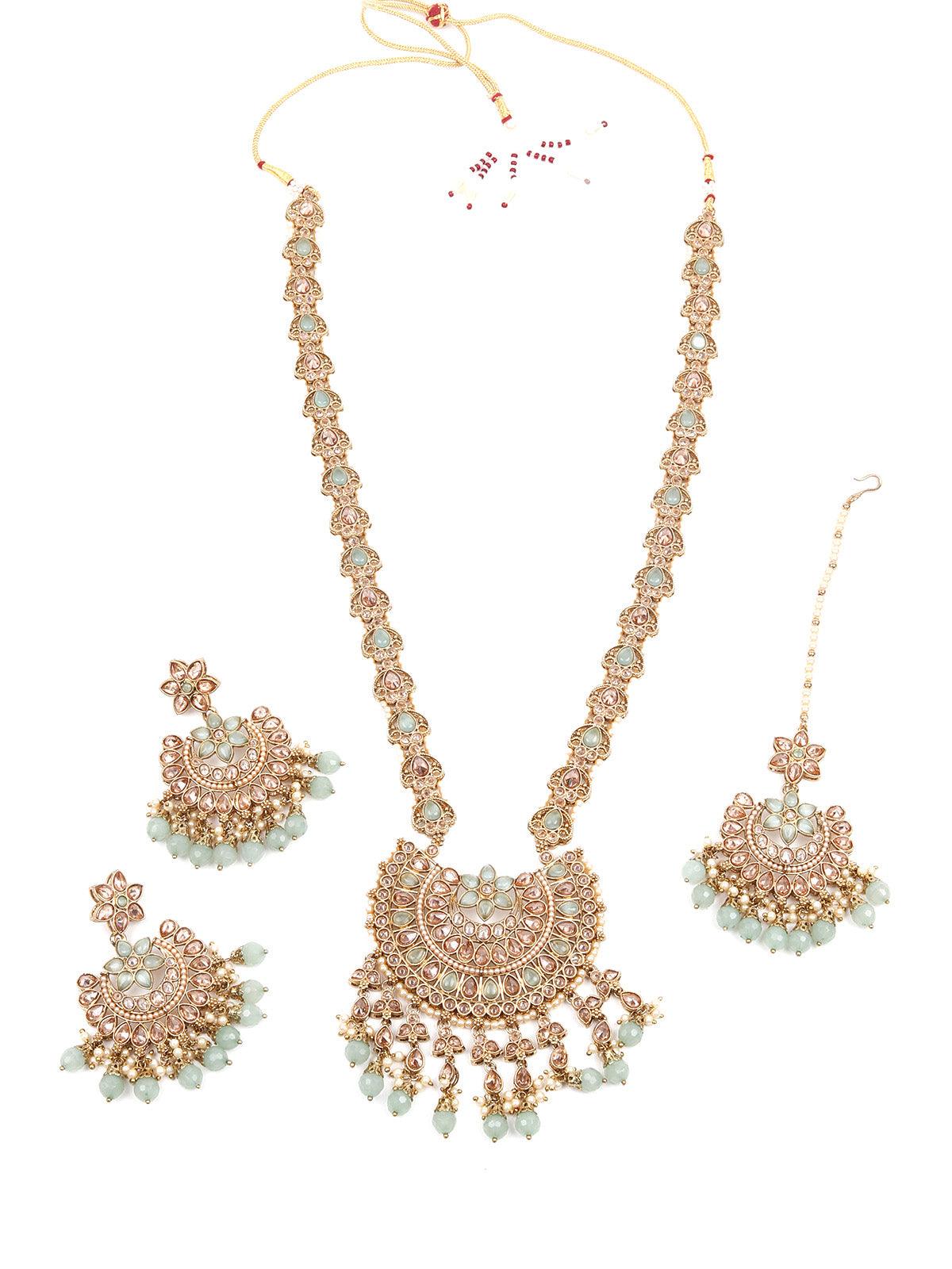 Stunning Long Gold Kundan Studded Necklace Set for Women - Rajwada