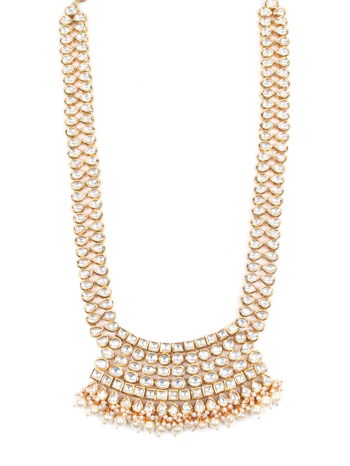 Stunning Long Gold Kundan Studded Necklace Set for Women - Rajwada
