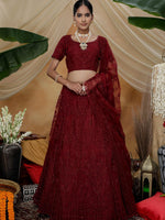 Stunning Maroon Net Lehenga Choli Set - Rajwada