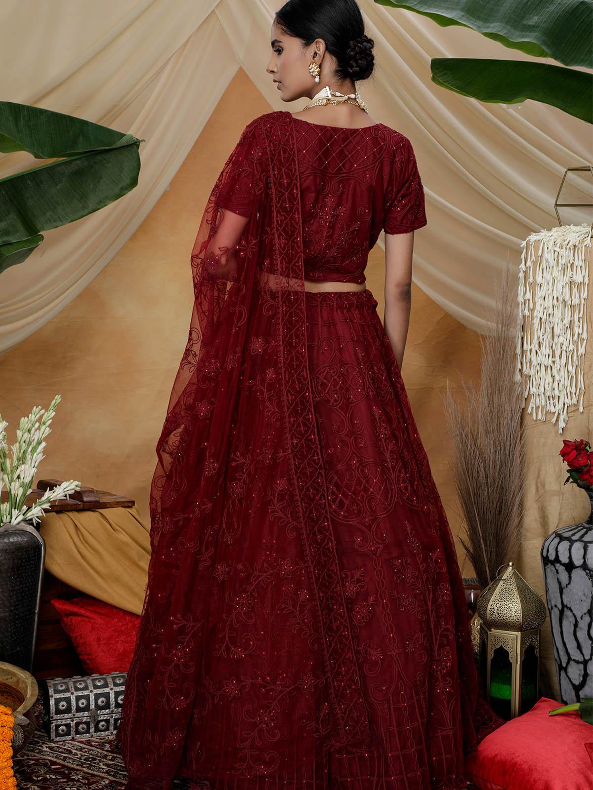 Stunning Maroon Net Lehenga Choli Set - Rajwada