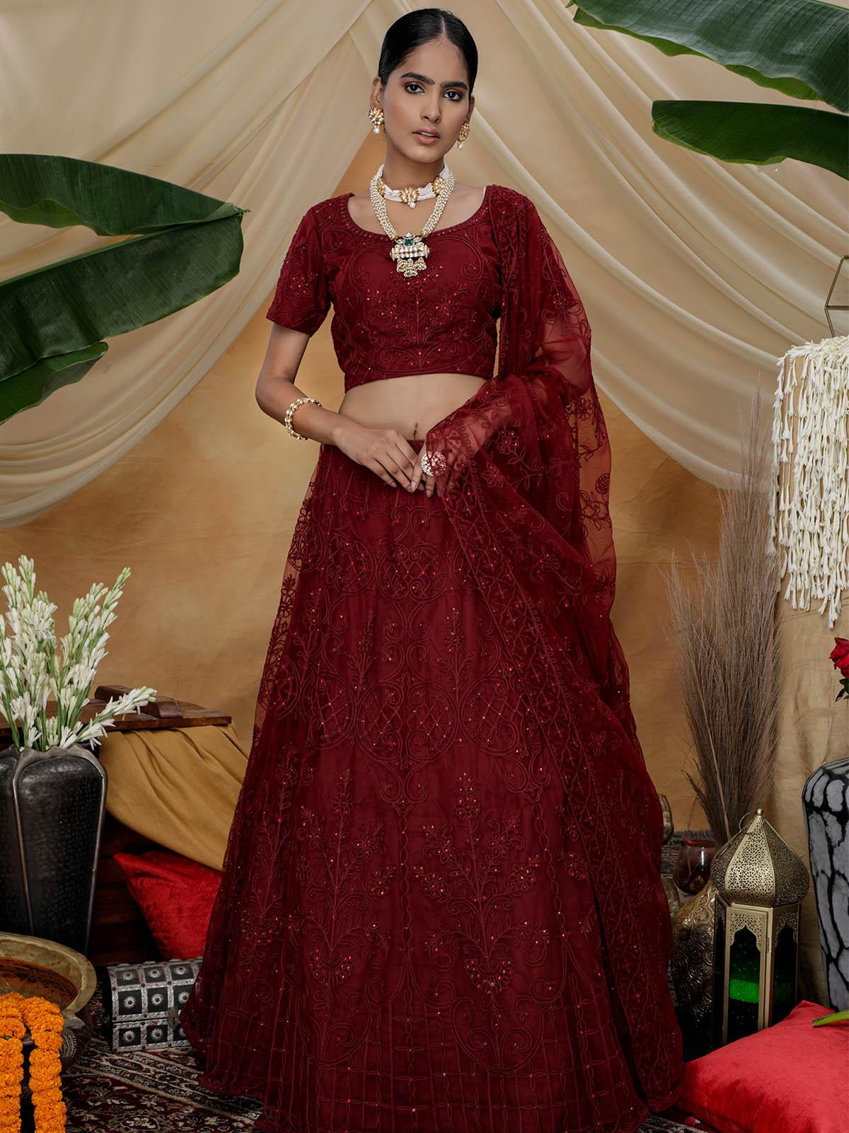 Stunning Maroon Net Lehenga Choli Set - Rajwada