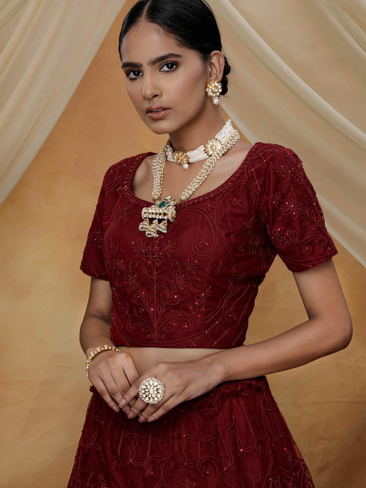 Stunning Maroon Net Lehenga Choli Set - Rajwada