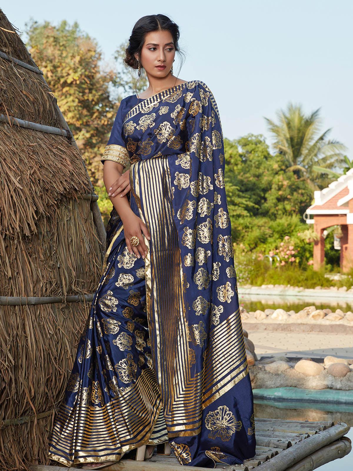 Stunning Navy Blue Silk Saree - Rajwada