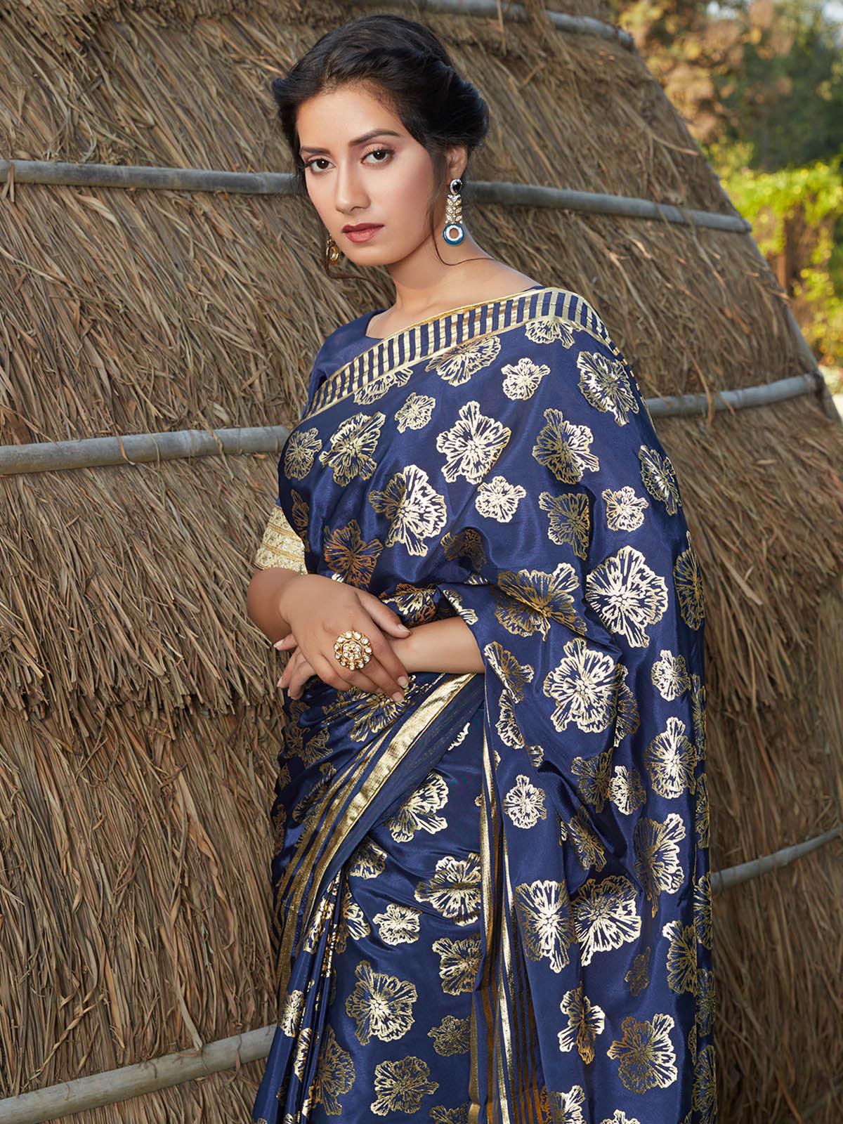 Stunning Navy Blue Silk Saree - Rajwada