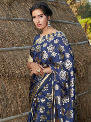 Stunning Navy Blue Silk Saree - Rajwada