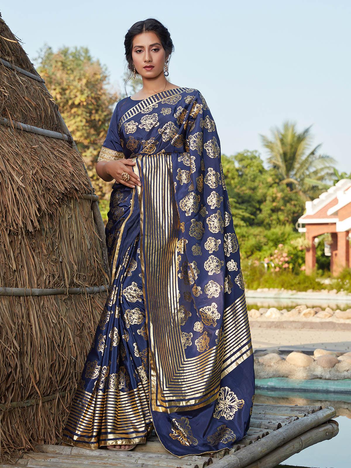 Stunning Navy Blue Silk Saree - Rajwada