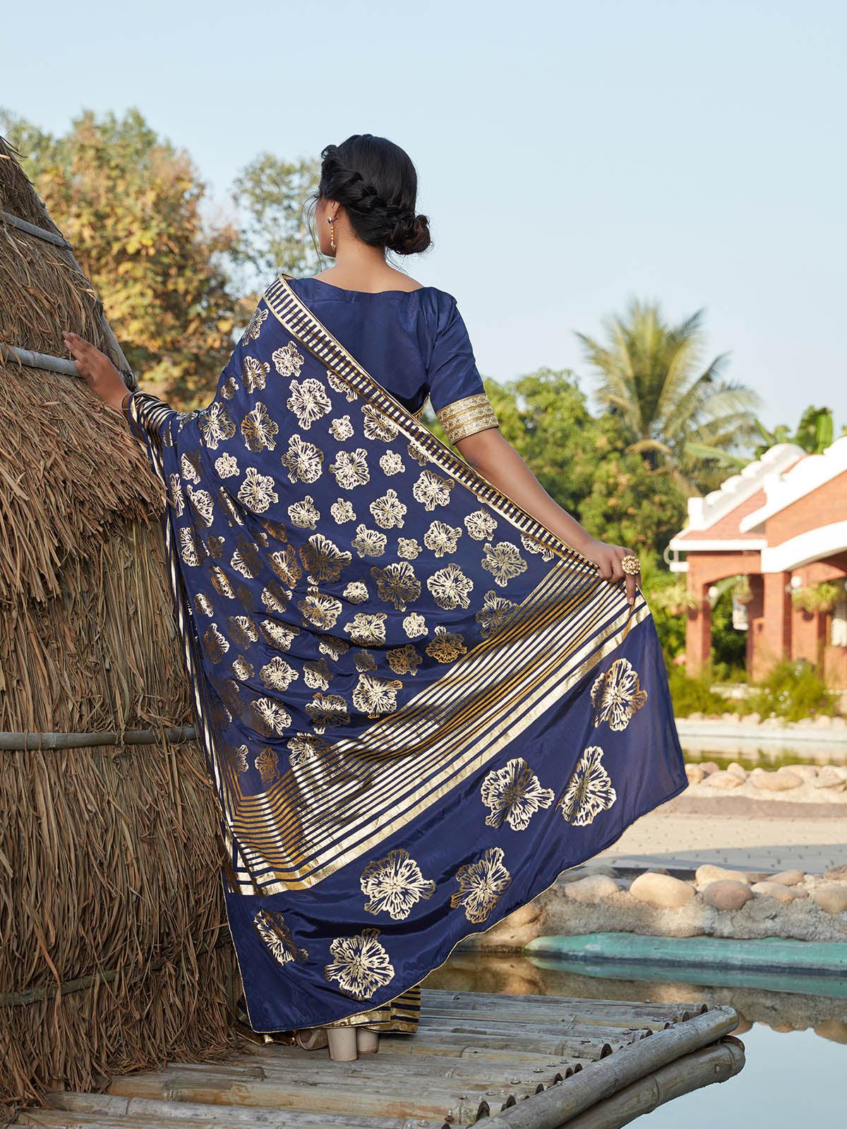 Stunning Navy Blue Silk Saree - Rajwada