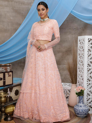 Stunning Peach Net Lehenga Choli Set - Rajwada