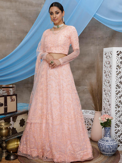 Stunning Peach Net Lehenga Choli Set - Rajwada