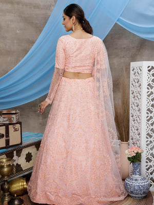 Stunning Peach Net Lehenga Choli Set - Rajwada