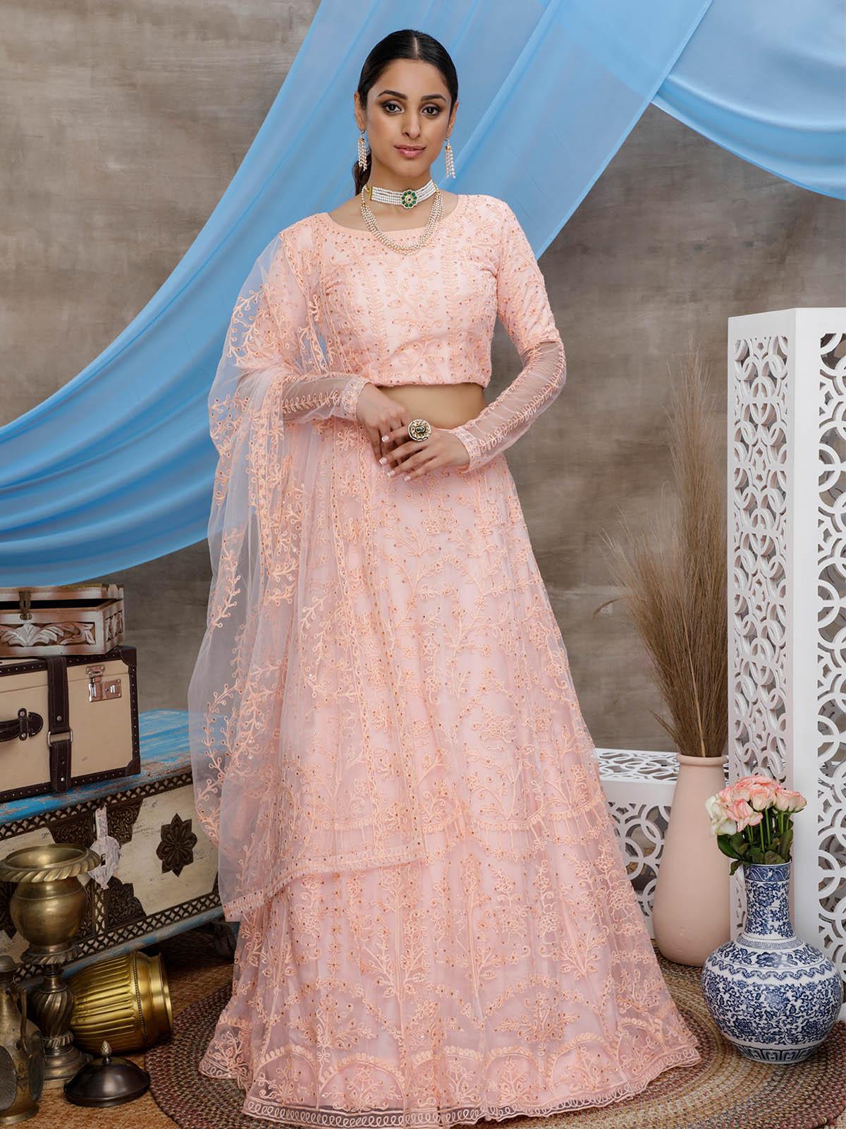 Stunning Peach Net Lehenga Choli Set - Rajwada