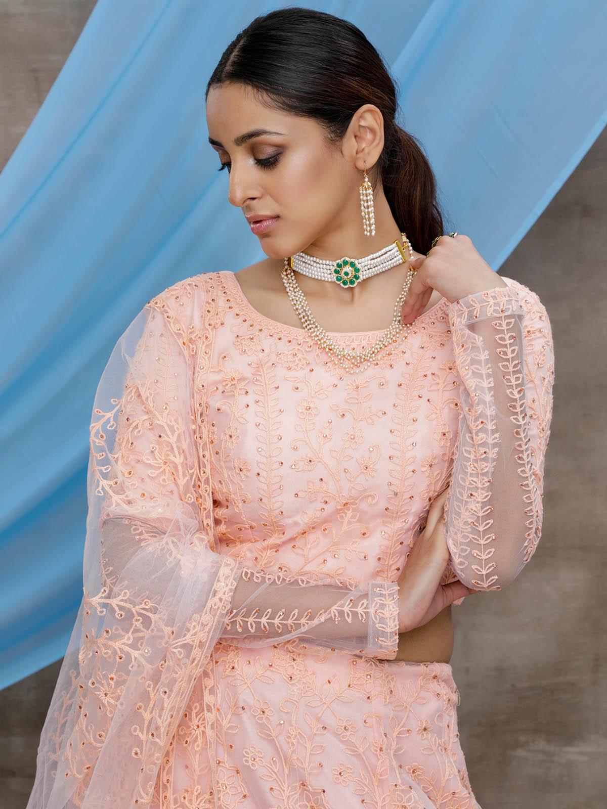 Stunning Peach Net Lehenga Choli Set - Rajwada