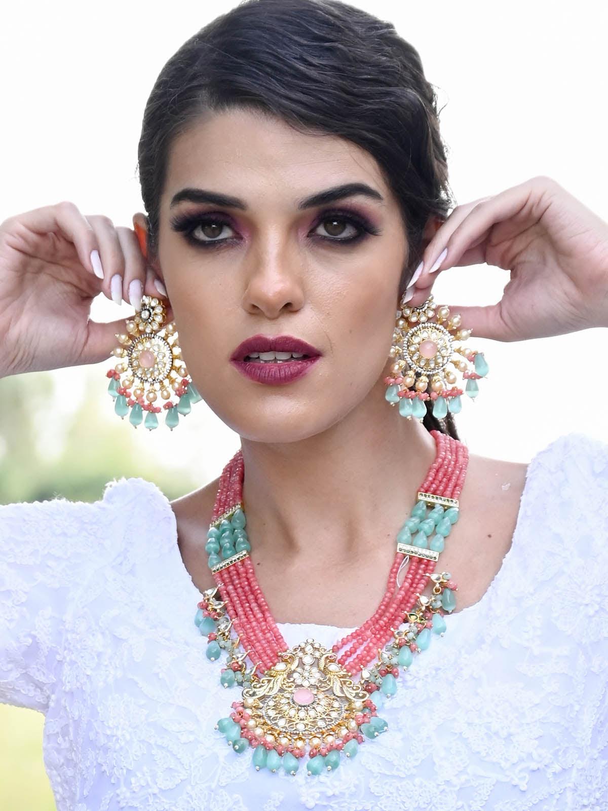 Stunning Pink & Green Necklace Set For Women - Rajwada