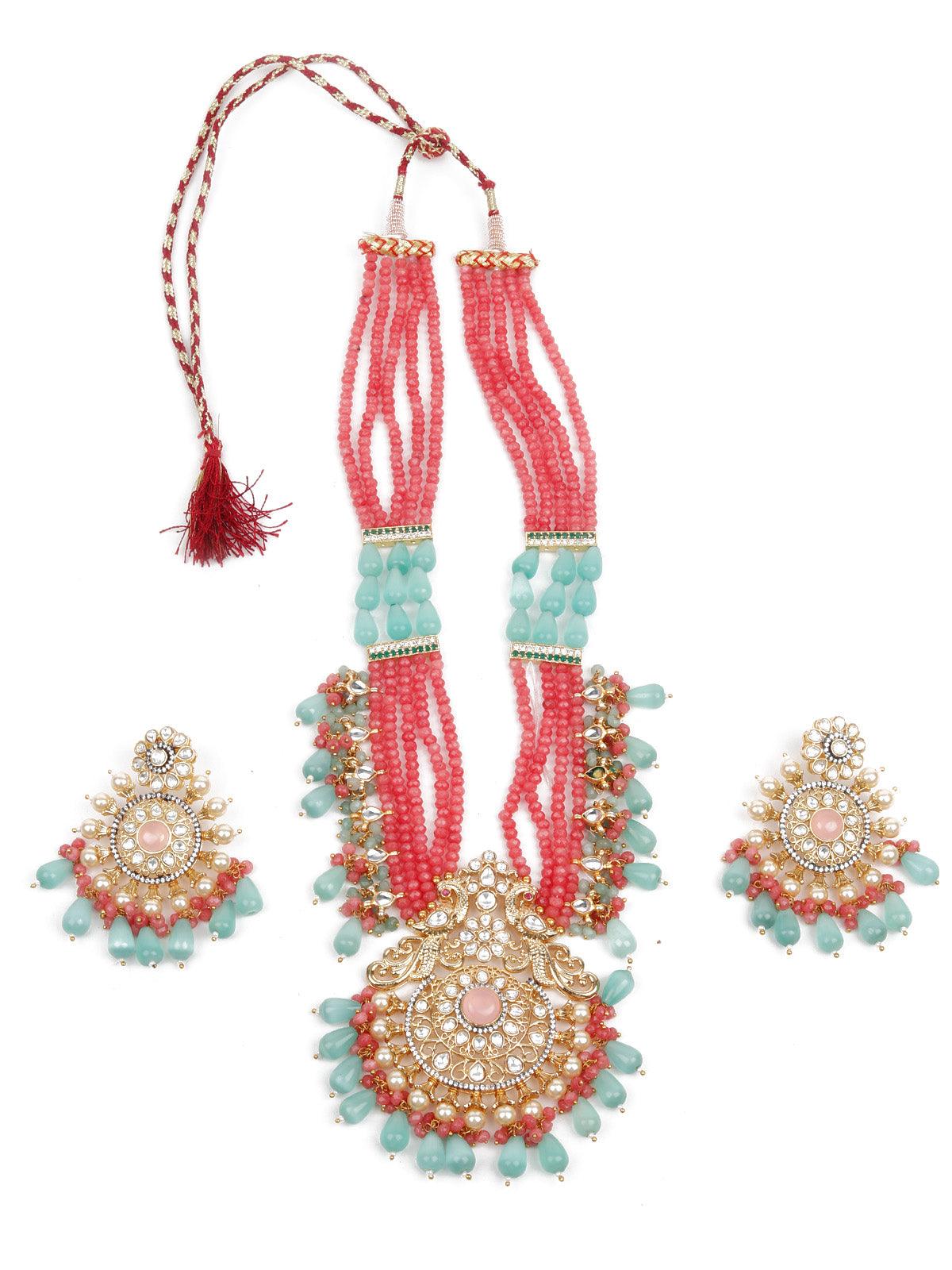Stunning Pink & Green Necklace Set For Women - Rajwada