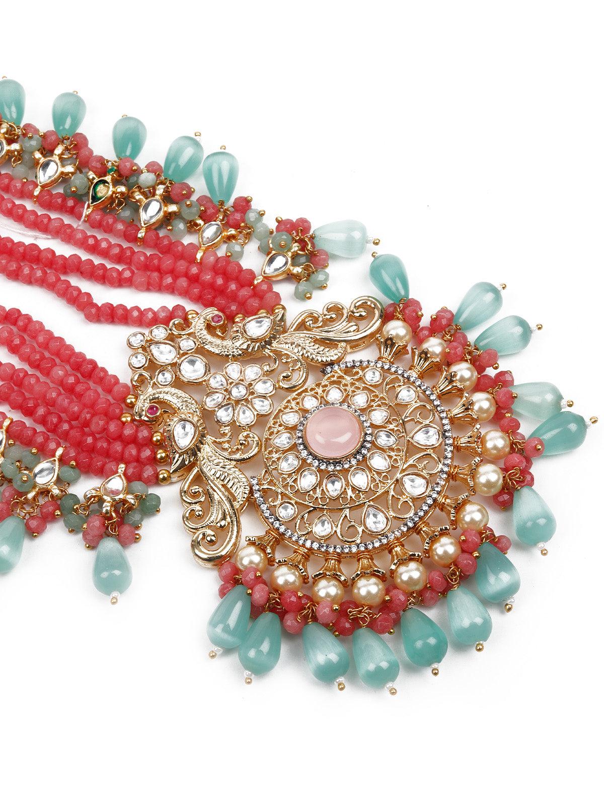Stunning Pink & Green Necklace Set For Women - Rajwada