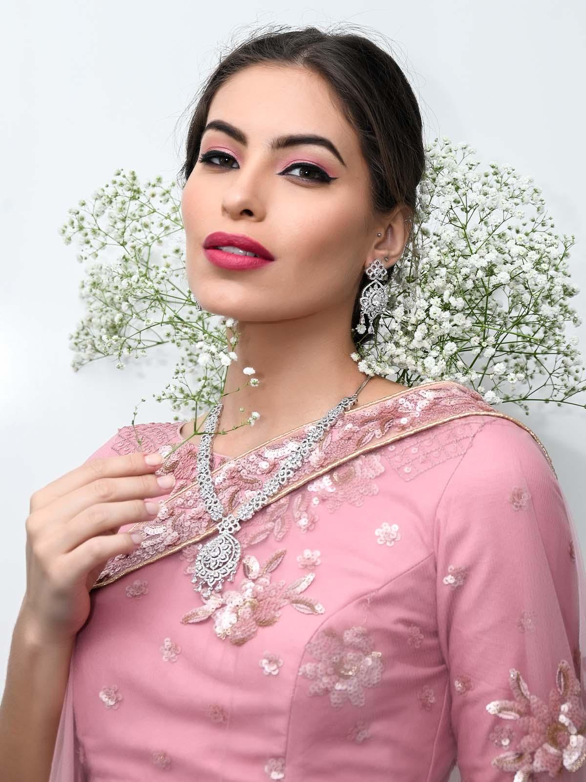 Stunning studded silver necklace set for women - Rajwada