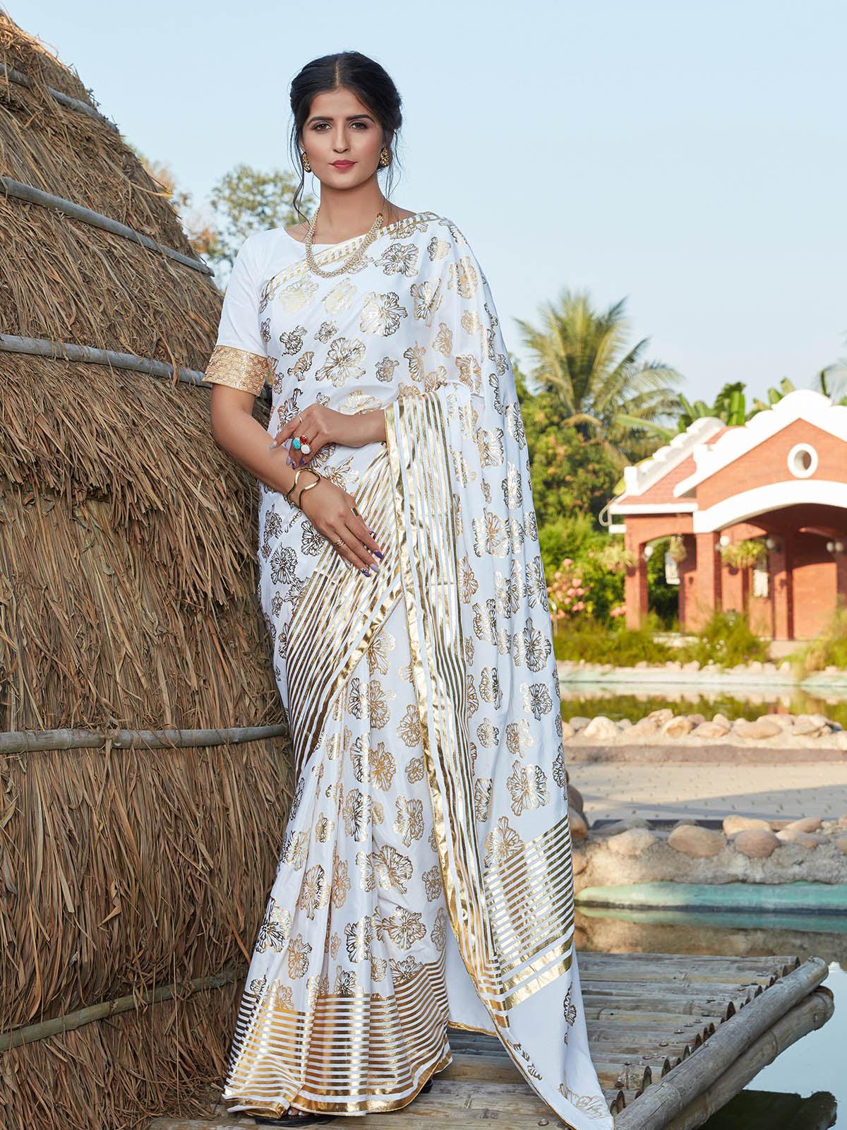 Stunning White Silk Saree - Rajwada