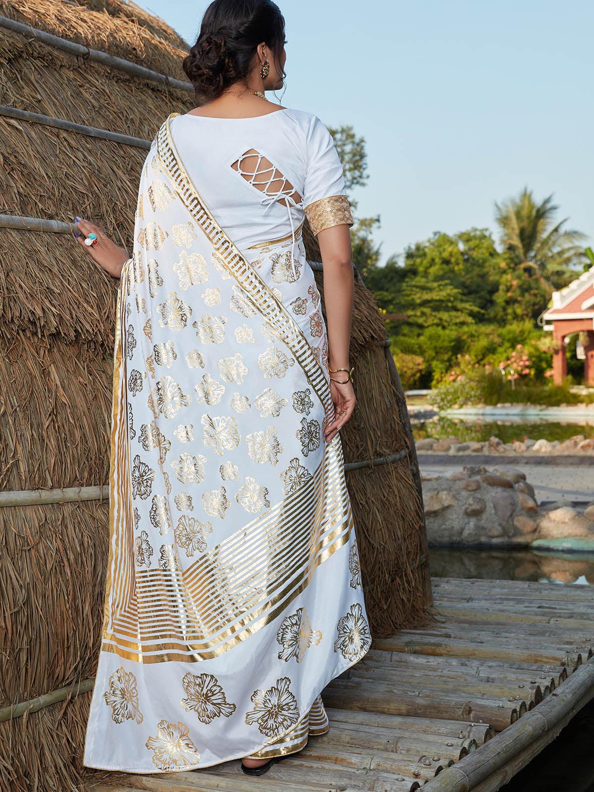 Stunning White Silk Saree - Rajwada