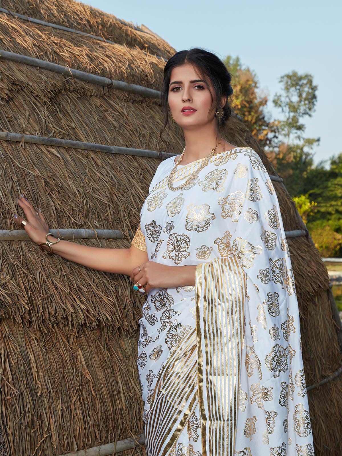 Stunning White Silk Saree - Rajwada
