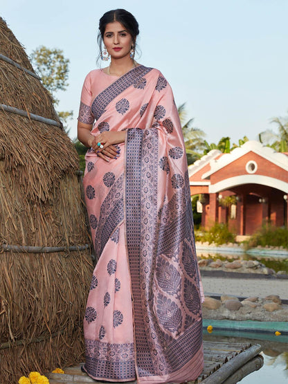Stunning Woven Light Pink Banarasi Silk Saree - Rajwada