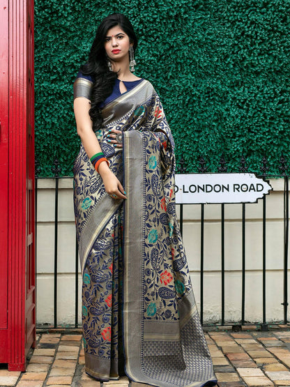 Stunning Woven Navy Banarasi Silk Saree - Rajwada