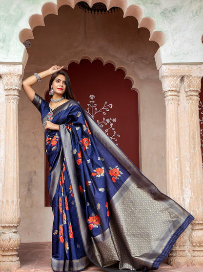 Stunning Woven Navy Banarasi Silk Saree - Rajwada