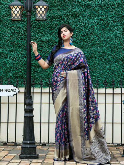 Stunning Woven Navy Banarasi Silk Saree - Rajwada
