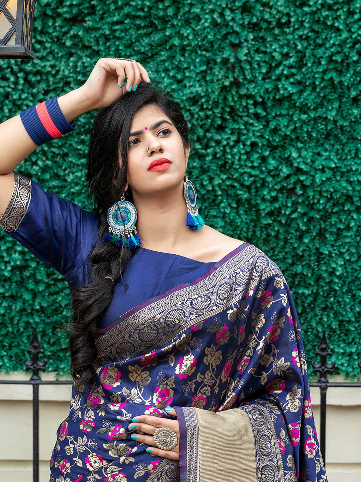 Stunning Woven Navy Banarasi Silk Saree - Rajwada