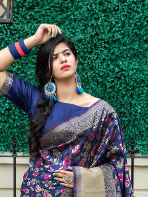 Stunning Woven Navy Banarasi Silk Saree - Rajwada