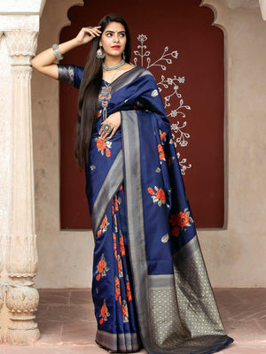 Stunning Woven Navy Banarasi Silk Saree - Rajwada
