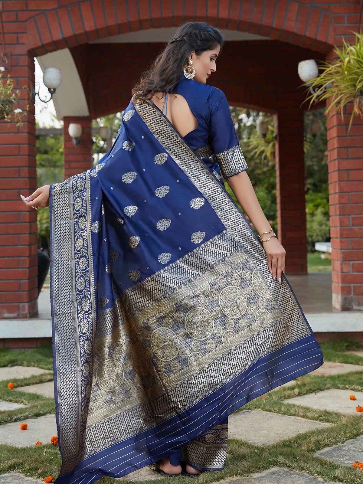 Stunning Woven Navy Banarasi Silk Saree - Rajwada