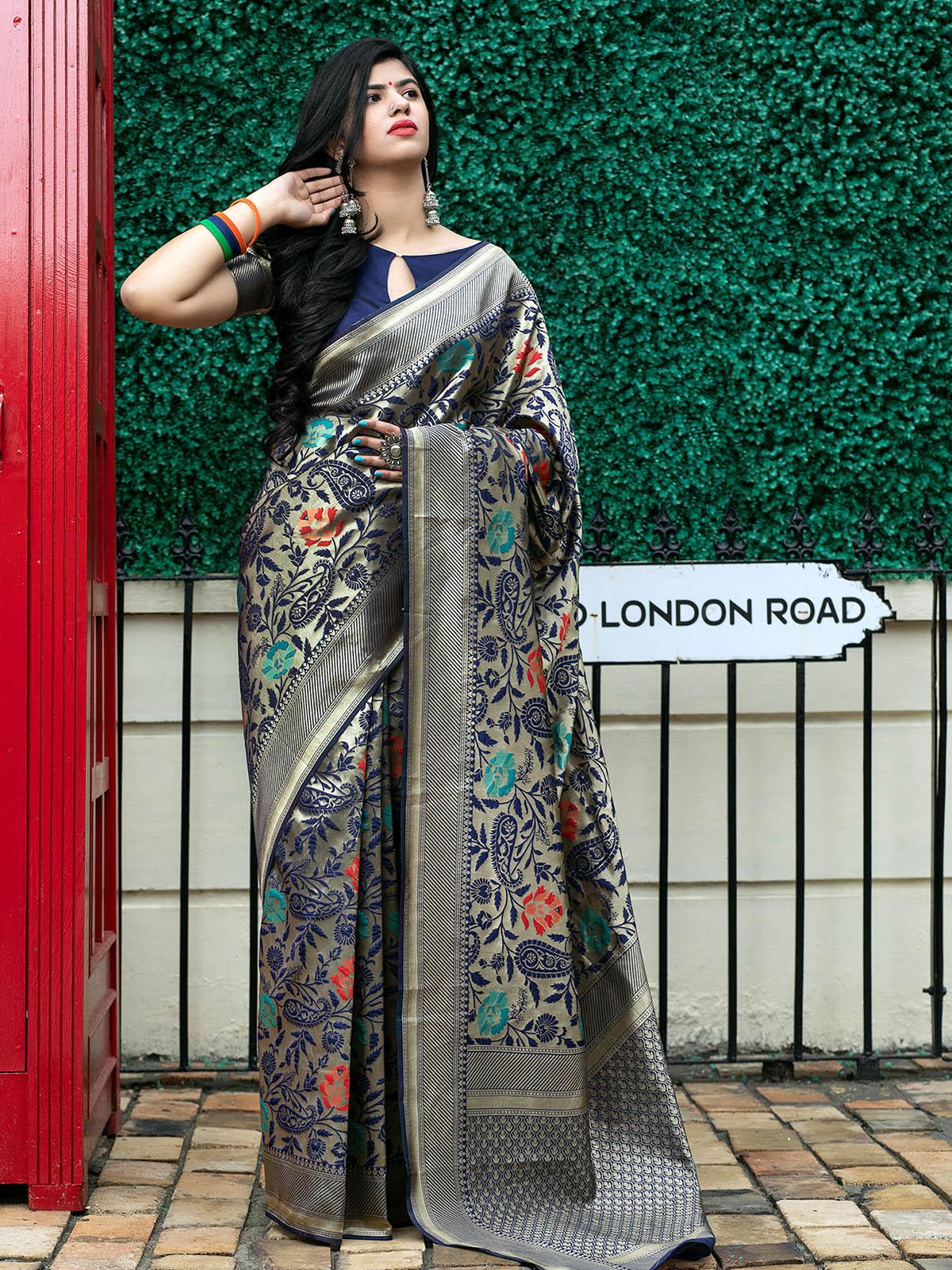 Stunning Woven Navy Banarasi Silk Saree - Rajwada
