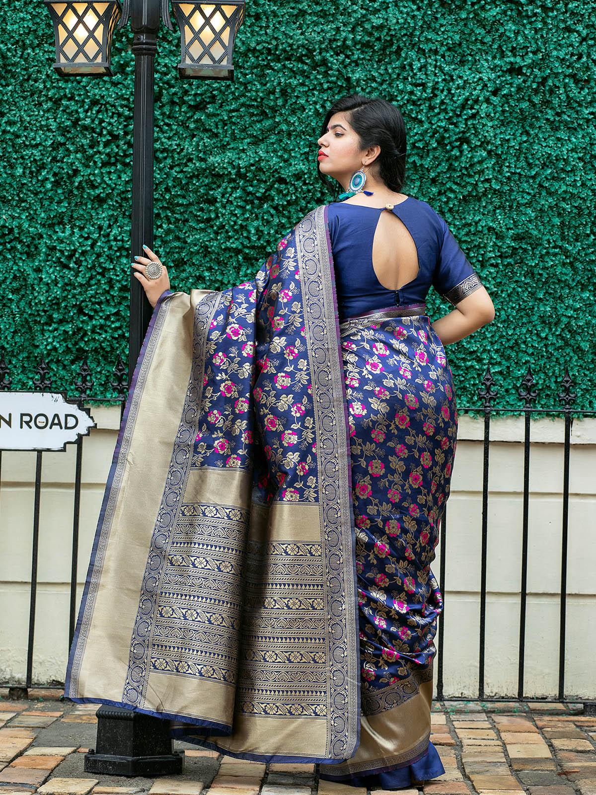 Stunning Woven Navy Banarasi Silk Saree - Rajwada