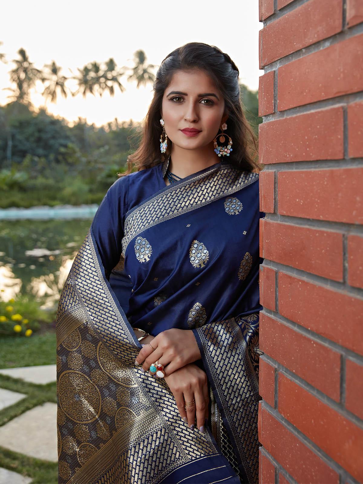 Stunning Woven Navy Banarasi Silk Saree - Rajwada