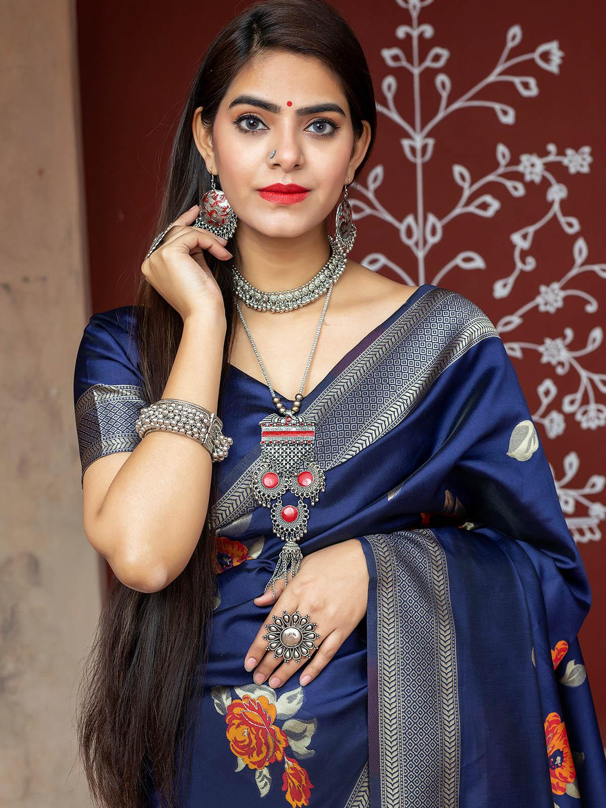 Stunning Woven Navy Banarasi Silk Saree - Rajwada